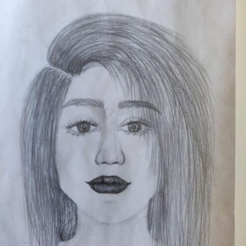 Bleistiftzeichnung von einem Kopf einer jungen Frau und Seitenscheitel