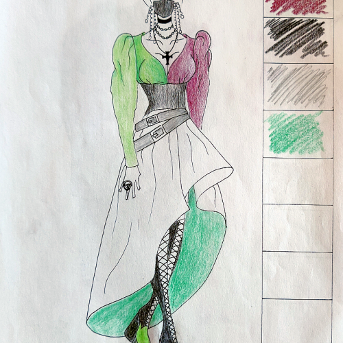 Bleistiftzeichnung einer modisch, gekleideten jungen Frau 