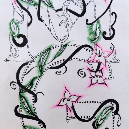 Buchstaben M und G verschnörkelte Gestaltung mit Blumen und Blattwerk