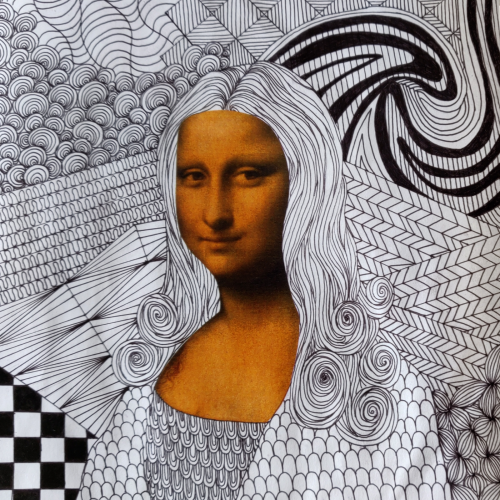 Kopf der Mona Lisa Hintergrund ist mit Tuschestiftmuster gestaltet