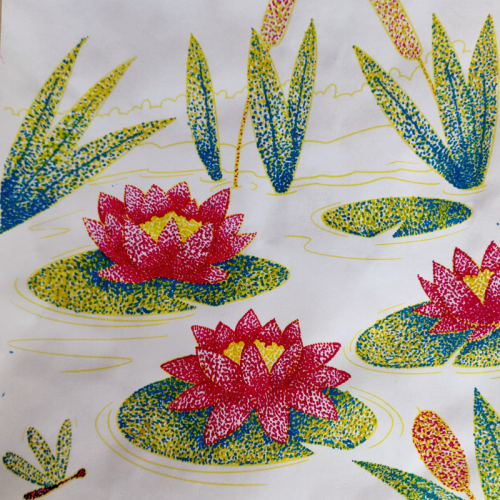 Seerosen auf einem Tech im pointilistischen Stil