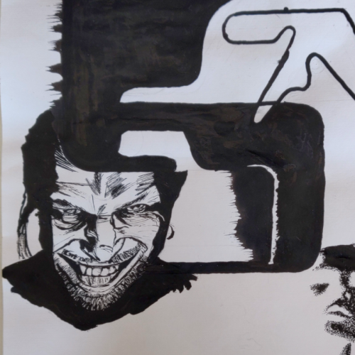 Tuschezeichnung Grimmig schauender Mann hinter einem Muster von schwarz/weißen Muster