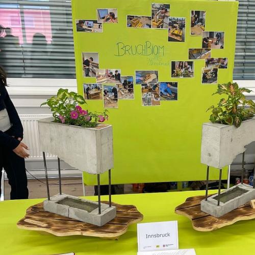 Bild zeigt eine Gruppe eine Schülerin beim Infostand der PTS Innsbruck mit dem Projektbeitrag Bruchbiom