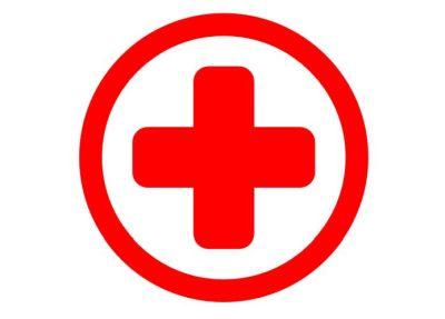 Bild zeigt ein Rotes Kreuz auf weißem Hintergrund umrandet ist das Kreuz mit einem roten Kreis und symbolisiert Erste Hilfe