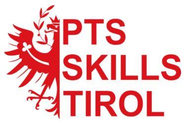Bild zeigt das Logo der PTS Skills und besteht auf der linken Seite aus einem zur Hälfte geteilten Adler des Tiroler Landeswappens und dem Text PTS Skills Tirol.