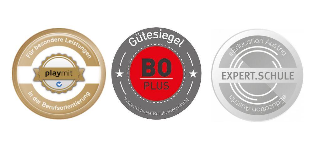 Bild zeigt Gütesiegel für Playmit, BO-plus, Expert-Schule education