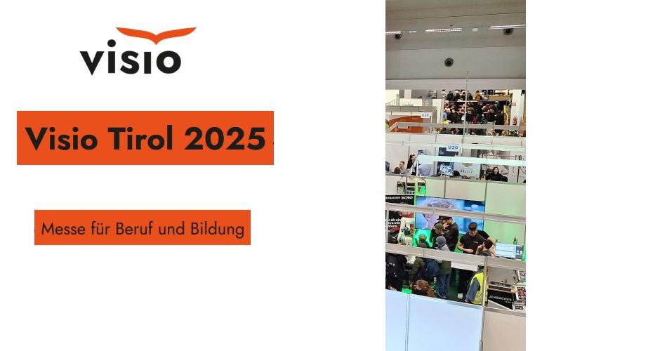 Bild zeigt Logo und Schriftzug der Visio 2025 sowie einen Ausschnitt von Ständen in der Messehalle