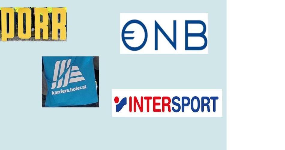 Das Bild zeigt die Logos der Firmen Porr, Intersport und Hofer sowie das Logo der ÖNB